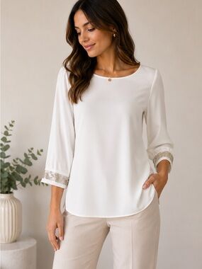 Black Label Cream Round-Neck Blouse with Embellished Cuffs
